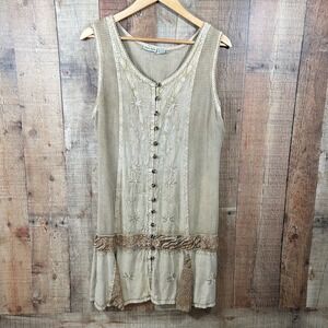 Raya Sun Mixed Media Embroidered Dress 2X Boho Waffle Knit Beige